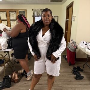 SWEETRICHES White Jumpsuit with Black Faux Fur